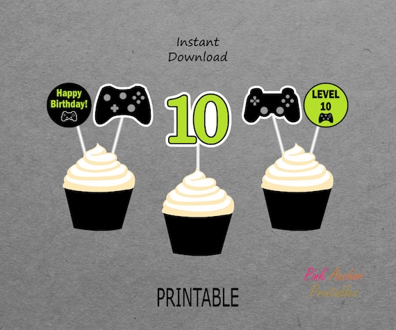 Printable Gaming 10th Birthday Cupcake Toppers and Wrappers 