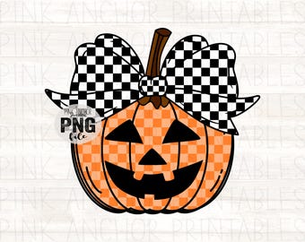Instant Download Girl Bow Jack-o-Lantern Checker Halloween Coquette Pumpkin Hand Drawn Png File Printable Dtf Dtg Sublimation Design