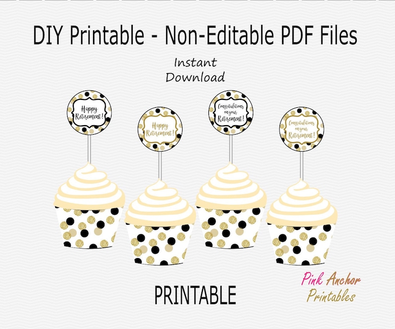 printable happy retirement cupcake toppers and wrappers etsy