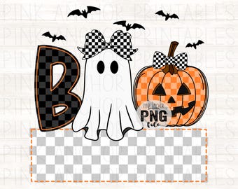 May include: A Halloween design with the word "BOO" in a checkered pattern, a ghost wearing a checkered bow, and a jack-o'-lantern with a checkered bow. Black bats are scattered around the design. The image includes the text "PINK ANCHOR PNG file".