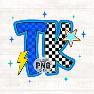May include: A digital graphic with the letters "TK" in blue, black, and white. The "T" is blue with a checkered pattern, and the "K" is black and white checkered. A yellow lightning bolt and a star are also included.