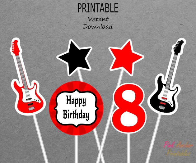 Printable Centerpieces - Guitar, Star - Rockstar 8th Birthday - Red & Black - PRINTABLE - INSTANT DOWNLOAD