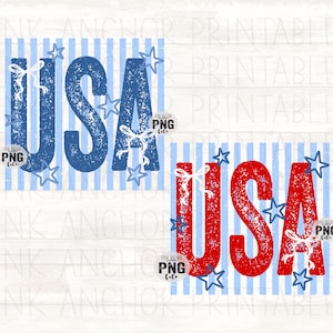 May include: Two digital art prints displaying the word "USA" in a distressed font. One print has blue text on a striped background, the other has red text. Both include star and ribbon accents.