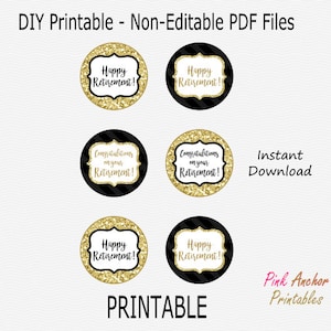 Imprimible Happy Retirement Cupcake Toppers - Negro y Oro - Fiesta - Pegatinas imprimibles, Etiquetas - DESCARGA INSTANTE