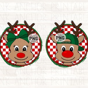 May include: Two cartoon reindeer faces. One has a green bow, the other a green cap. Both have brown antlers, red noses, and are set against a red and white checkered background within a green circle. The text "PNG file" is visible.
