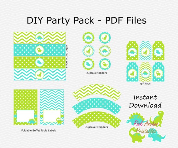 Dinosaur Party Pack Lime Green Turquoise Blue Birthday Etsy