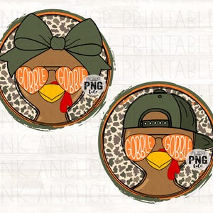 May include: Two Thanksgiving-themed digital designs featuring cartoon turkeys. One turkey wears a green bow, the other a green cap. Both wear heart-shaped sunglasses with "GOBBLE GOBBLE" text. The designs are set against a camouflage pattern.