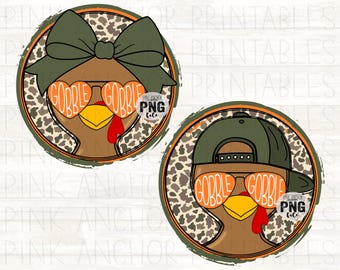 May include: Two Thanksgiving-themed digital designs featuring cartoon turkeys. One turkey wears a green bow, the other a green cap. Both wear heart-shaped sunglasses with "GOBBLE GOBBLE" text. The designs are set against a camouflage pattern.