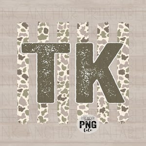 May include: A digital graphic design featuring the letters TK in a dark olive green, textured font. The letters are layered over five vertical brushstrokes with a light tan, brown, and olive green cow print pattern. A small circular badge reads PNG file.