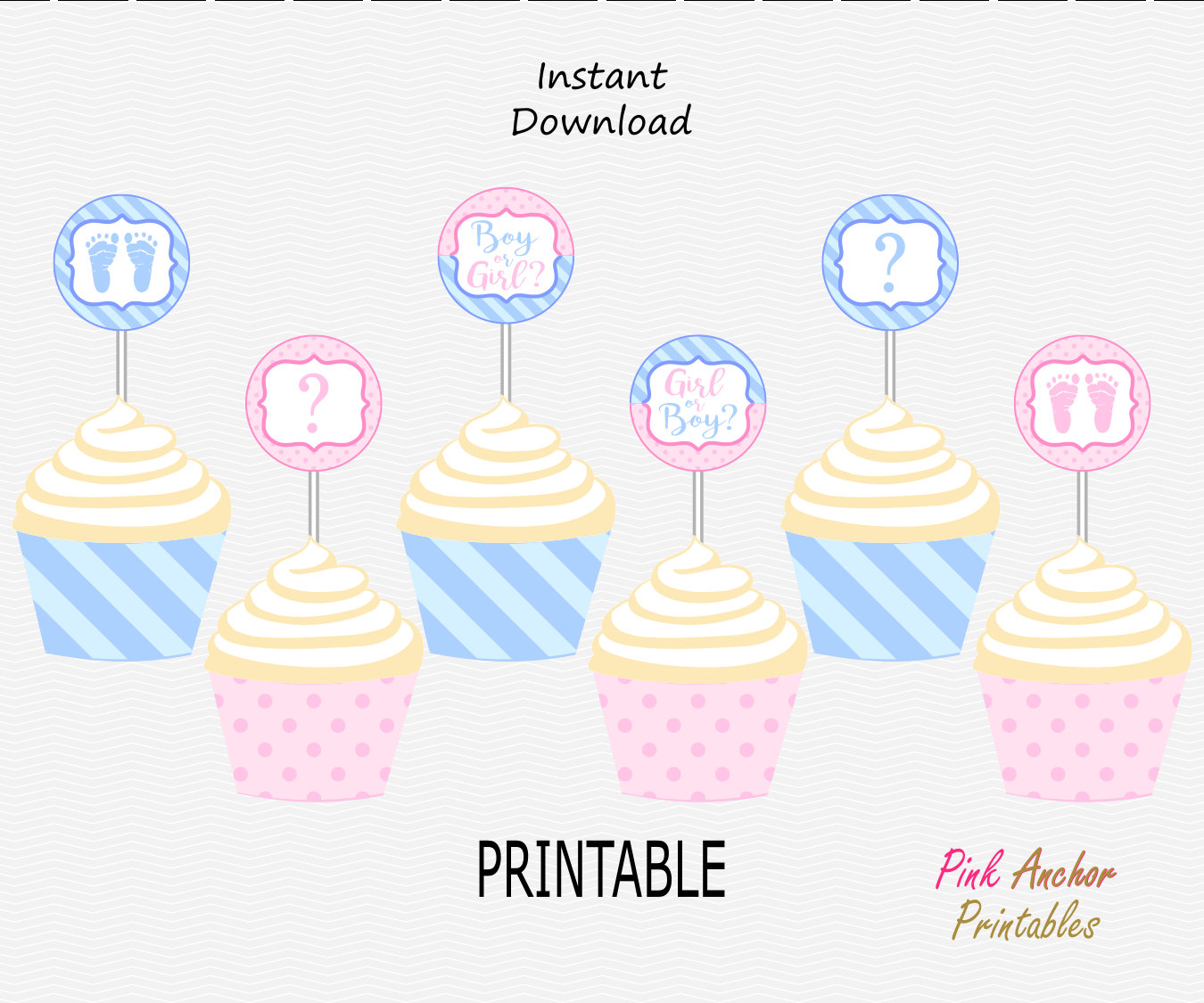 Printable Gender Reveal Cupcake Toppers and Wrappers Baby Etsy