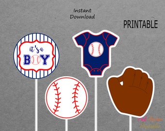 Printable Baseball Centerpieces Boy Baby Shower - Navy Blue & Red - PRINTABLE - INSTANT DOWNLOAD