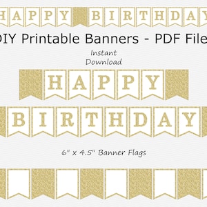 Happy Birthday Banner - White & Gold Glitter - PRINTABLE - INSTANT DOWNLOAD
