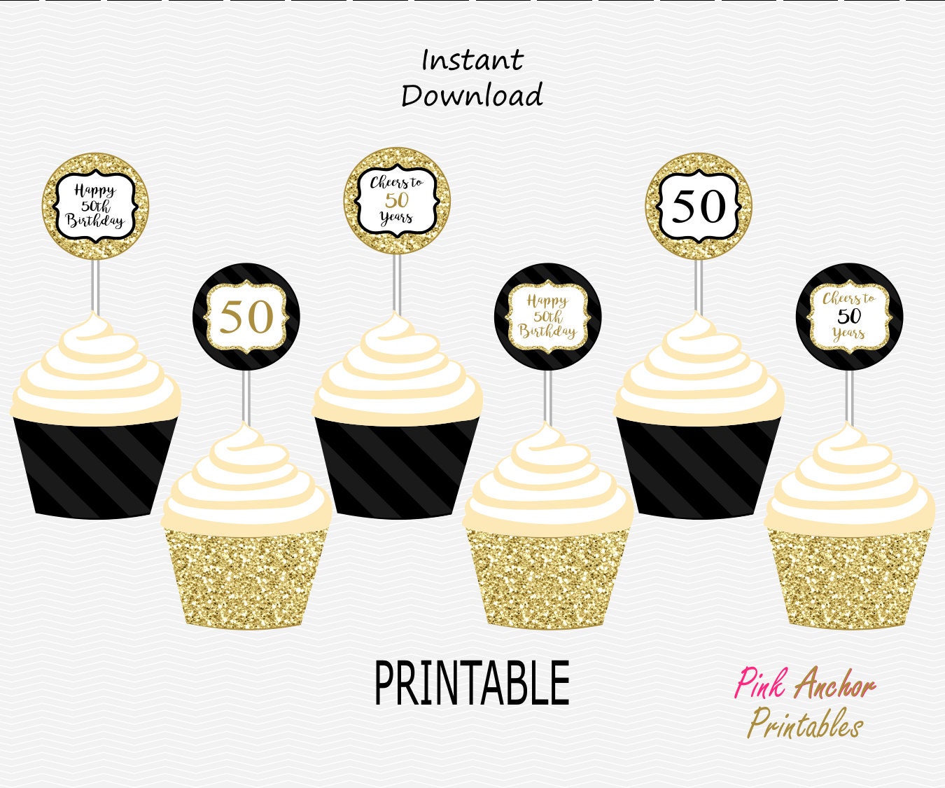 Printable 50th Birthday Cupcake Toppers and Wrappers Gold &amp; - Etsy