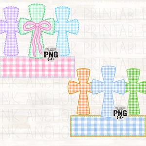 May include: Digital graphic of Easter crosses in pastel colors, including purple, green, and blue, with a gingham pattern. The crosses are arranged above a gingham banner. The image includes the text "PINK ANCHOR PNG file".