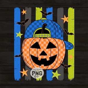 May include: A graphic illustration of a jack-o'-lantern wearing a blue checkered baseball cap, set against vertical blue, gray, and lime green brushstrokes. The design features orange checkered pumpkin skin, black facial features, and bats and stars.