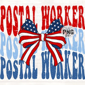 May include: A patriotic design featuring a red, white, and blue bow with stars and stripes. The words "POSTAL WORKER" are displayed in red and blue, creating a vintage, distressed effect. The design is perfect for postal worker appreciation.