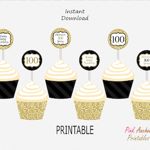 印刷可能な 100 歳の誕生日カップケーキ トッパーとラッパー - ゴールド & ブラック - 100 年を祝う - パーティー - 100 - 印刷可能 - 即時ダウンロード