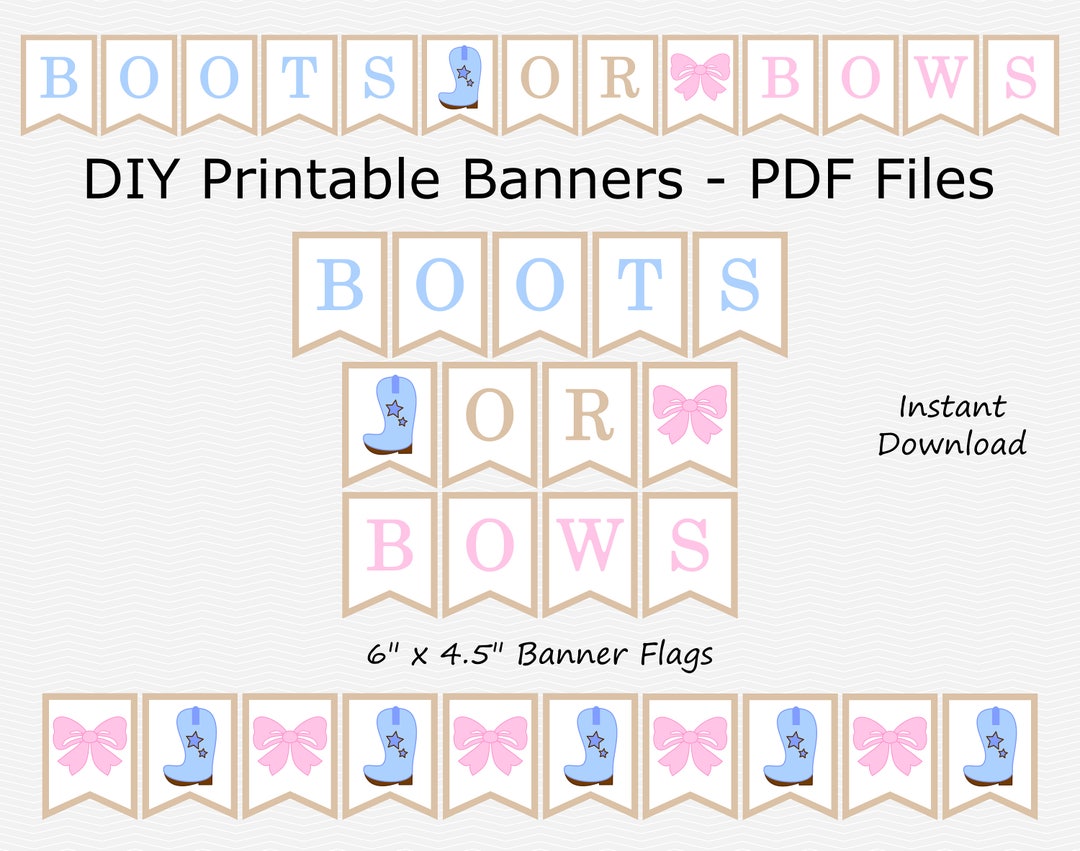 Boots or Bows Banner - Baby Pink &amp; Light Blue - Boot, Bow - Boy Girl ...