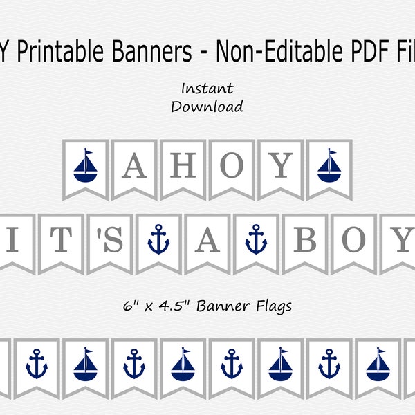 Ahoy It's A Boy Banner - Navy Blue & Grey - Nautical Baby Shower - Anchor Sailboat - PRINTABLE - INSTANT DOWNLOAD