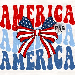 May include: A patriotic design with the word "AMERICA" in red and blue, with a distressed, vintage aesthetic. A bow in the colours of the American flag is centered in the image. Suitable for apparel and accessories.
