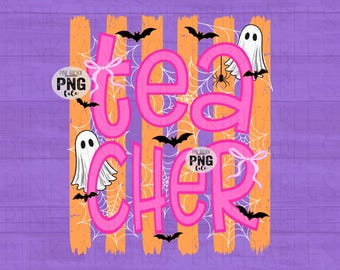May include: A digital graphic design featuring the pink text "tea CHER" layered over orange vertical stripes and white spiderwebs. The design includes white ghost illustrations, black bat silhouettes, a small black spider, and pink bows.