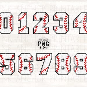 May include: A collection of baseball-themed numbers 0 through 9. Each number is designed to resemble a baseball, with white backgrounds, red stitching, and black outlines. The numbers are perfect for sports-themed crafts.
