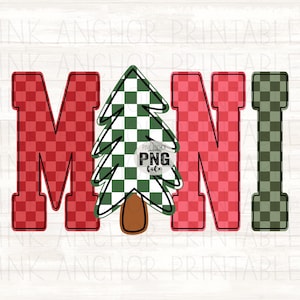 May include: A digital design featuring the word "Mani" in a festive Christmas theme. The letters "M" and "N" are red with a checkered pattern, the "A" is a green and white checkered Christmas tree, and the "I" is green with a checkered pattern.