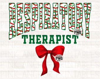 May include: A graphic design with the words "RESPIRATORY THERAPIST" in green and white, and a red bow. The text has red and green decorations, and the bow is a bright red colour. The background is white.