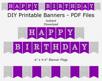 Happy Birthday Banner - Purple & Silver Sparkle - Girl Birthday Party Sign Decoration - PRINTABLE - INSTANT DOWNLOAD