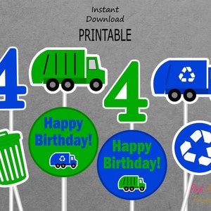 Printable Garbage Recycle Centerpieces 4th Birthday - Light Royal Blue & Green - Trash - PRINTABLE - INSTANT DOWNLOAD