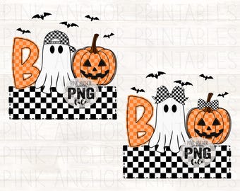 May include: Halloween-themed digital art featuring the word "BOO" in orange checkered letters, a ghost wearing a checkered hat, and a jack-o'-lantern. Black bats fly above the design, with a checkered border.