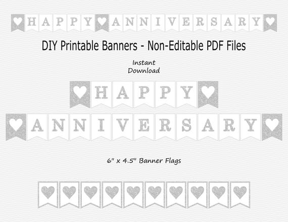 happy anniversary banner with hearts white silver sparkle printable instant download happy anniversary banners
