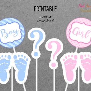 Puede incluir: Accesorios imprimibles para fiesta de revelación de género con huellas de pies azules y rosas, signos de interrogación y círculos con las palabras "Boy" y "Girl".
