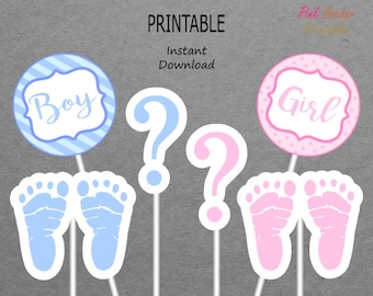 Printable Gender Reveal Centerpieces - Girl Boy - Baby Pink & Light Blue - Footprint - Question Mark - PRINTABLE - INSTANT DOWNLOAD