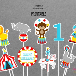 Druckbare Zirkus Mittelstücke - Rot, Blau, Gelb - Karneval Geburtstag - Robbe, Clown, Zelt - 1. Geburtstag - 1 - DRUCKBAR - INSTANT DOWNLOAD