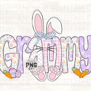 May include: A colorful Easter-themed graphic with the word "Grammy" in a playful font. The letter "G" is decorated with Easter eggs and flowers, while the "r" and "m" feature bunny and egg patterns. The bunny's face and paws are pink, and carrots are on either side.