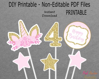 Centrotavola unicorno stampabile ragazza 4° compleanno - rosa chiaro e glitter oro - 4 - STAMPABILE - DOWNLOAD immediato