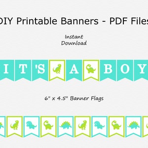 It&#39;s A Boy Banner - Turquoise Blue & Lime Green - Baby Shower - Dinosaur - Dino - PRINTABLE - INSTANT DOWNLOAD