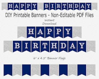 Happy Birthday Banner - Navy Blue & Silver Sparkle - Birthday Sign Decoration - Digital - PRINTABLE - INSTANT DOWNLOAD