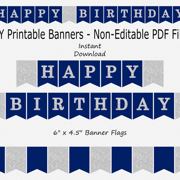 Happy Birthday Banner - Navy Blue & Silver Sparkle - Birthday Sign Decoration - Digital - PRINTABLE - INSTANT DOWNLOAD