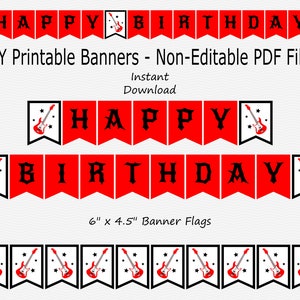 Happy Birthday Banner - Guitar - Red & Black - Rockstar Birthday Party - PRINTABLE - INSTANT DOWNLOAD