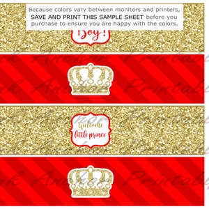 Printable Prince Crown Baby Shower Water Bottle Labels Red &amp; Gold It's ...