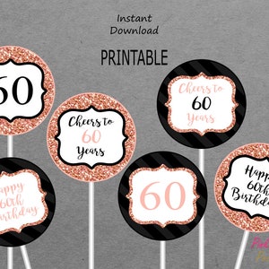 Centros de mesa de cumpleaños número 60 imprimibles - Negro y oro rosa - Saludos a los 60 años - Feliz cumpleaños número 60 - 60 - IMPRIMIBLE - DESCARGA INSTANTÁNEA