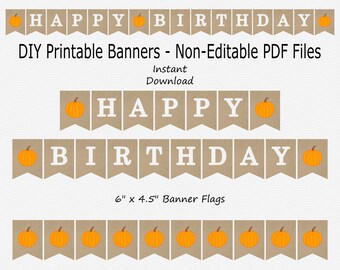 Happy Birthday Banner - Burlap & Light Orange - Boy - Pumpkin - Fall Birthday Party - PRINTABLE - INSTANT DOWNLOAD