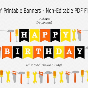 Happy Birthday Banner - Orange, Yellow, Grey & Black - Construction Tool Birthday Party - PRINTABLE - INSTANT DOWNLOAD