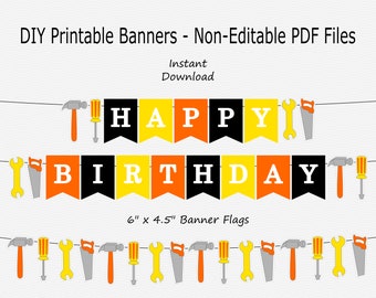 Happy Birthday Banner - Orange, Yellow, Grey & Black - Construction Tool Birthday Party - PRINTABLE - INSTANT DOWNLOAD