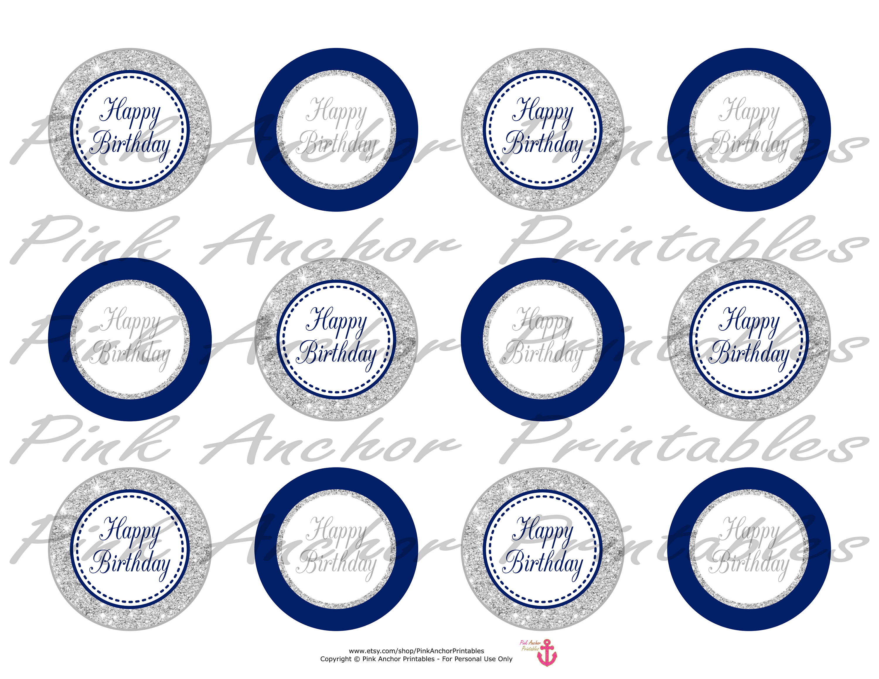 Printable Happy Birthday Cupcake Toppers Navy Blue & Silver Etsy