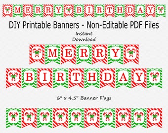 Merry Birthday Banner - Red & Green - Christmas Birthday Party Sign - Decoration - Candy Cane - PRINTABLE - INSTANT DOWNLOAD