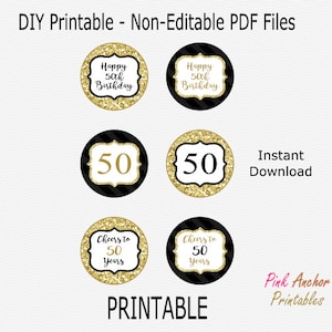 50 cumpleaños Cupcake Toppers - Brillo negro y dorado - Happy 50 - Pegatinas imprimibles - Etiqueta - IMPRIMIBLE - DESCARGA INSTANTÁNEA