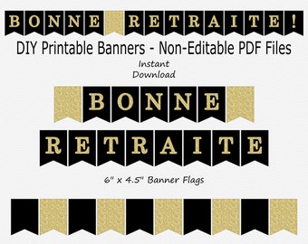 Bonne Retraite Banner - Black & Gold Glitter - Retraite - IMPRIMABLE - TÉLÉCHARGEMENT INSTANTANÉ
